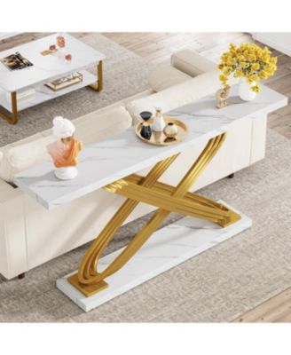 55 Inch Modern Console Table, Faux Marble Gold Entryway Table Behind Sofa Couch, Narrow Rectangular Sofa Table for Living Room, Bedroom, Front Hall, Hallway, Gold & White