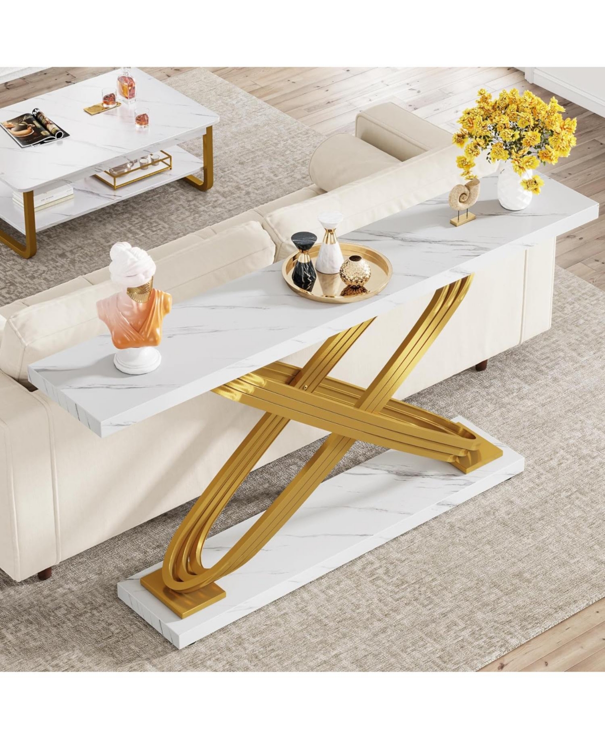 Tribesigns Modern Console Table, Faux Marble Gold Entryway Table Behind Sofa Couch, Narrow Rectangular Sofa Table for Living Room, Bedroom, Fr