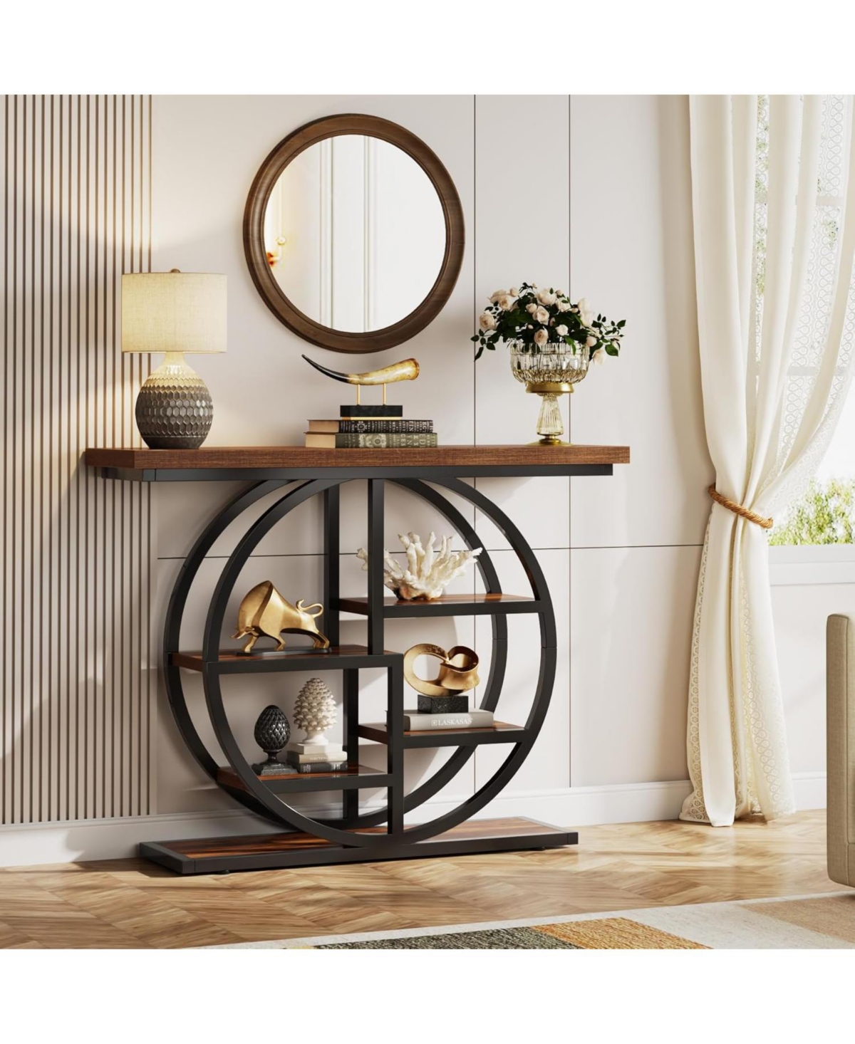 Tribesigns Console Table, Industrial 6-Tier Sofa Table Entryway Table with Circle Base, Narrow Wood Accent Tables with Storage Shelves for Livi