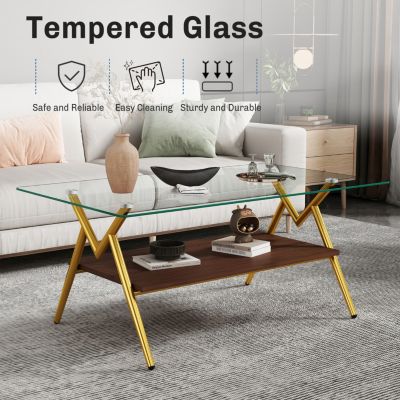 Streamdale Modern Glass Coffee Table with Golden Metal Legs