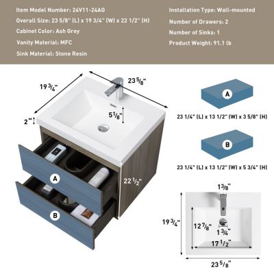 24" Floating Bathroom Vanity with Resin Sink and Soft-Close Drawers