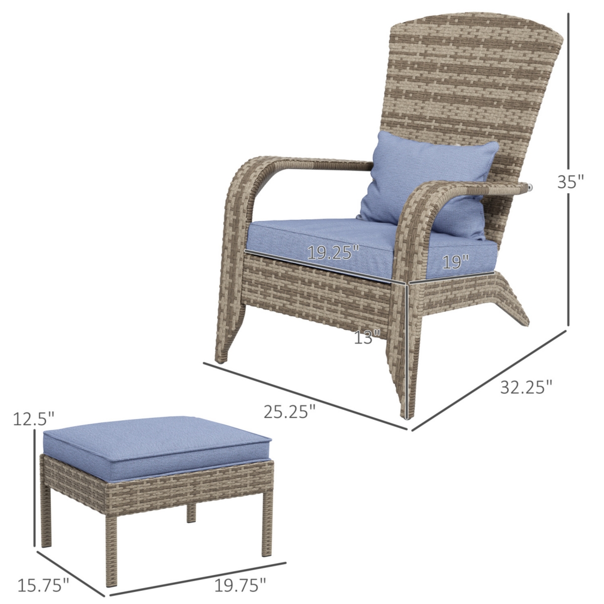 Streamdale Furniture Wicker Adirondack Chair with Ottoman and Cushions for Outdoor Fire Pit