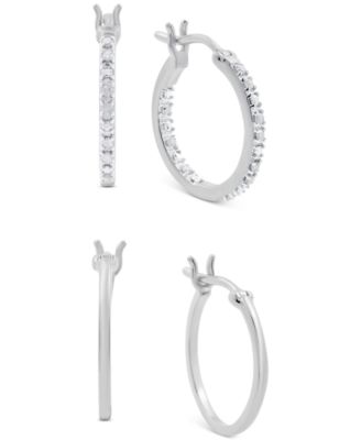 Macy's - 2-Pc. Set Diamond In & Out and Polished Small Hoop Earrings (1/6 ct. t.w.) in Sterling Silver