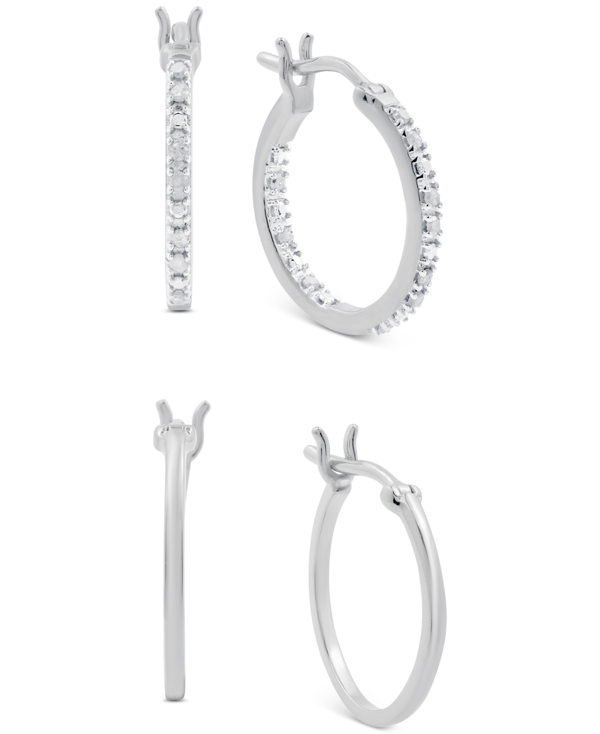 Macy's 2-pc. Set Diamond In & Out And Polished Small Hoop Earrings (1/6 Ct. T.w.) In Sterling Silver In Sterling Silver