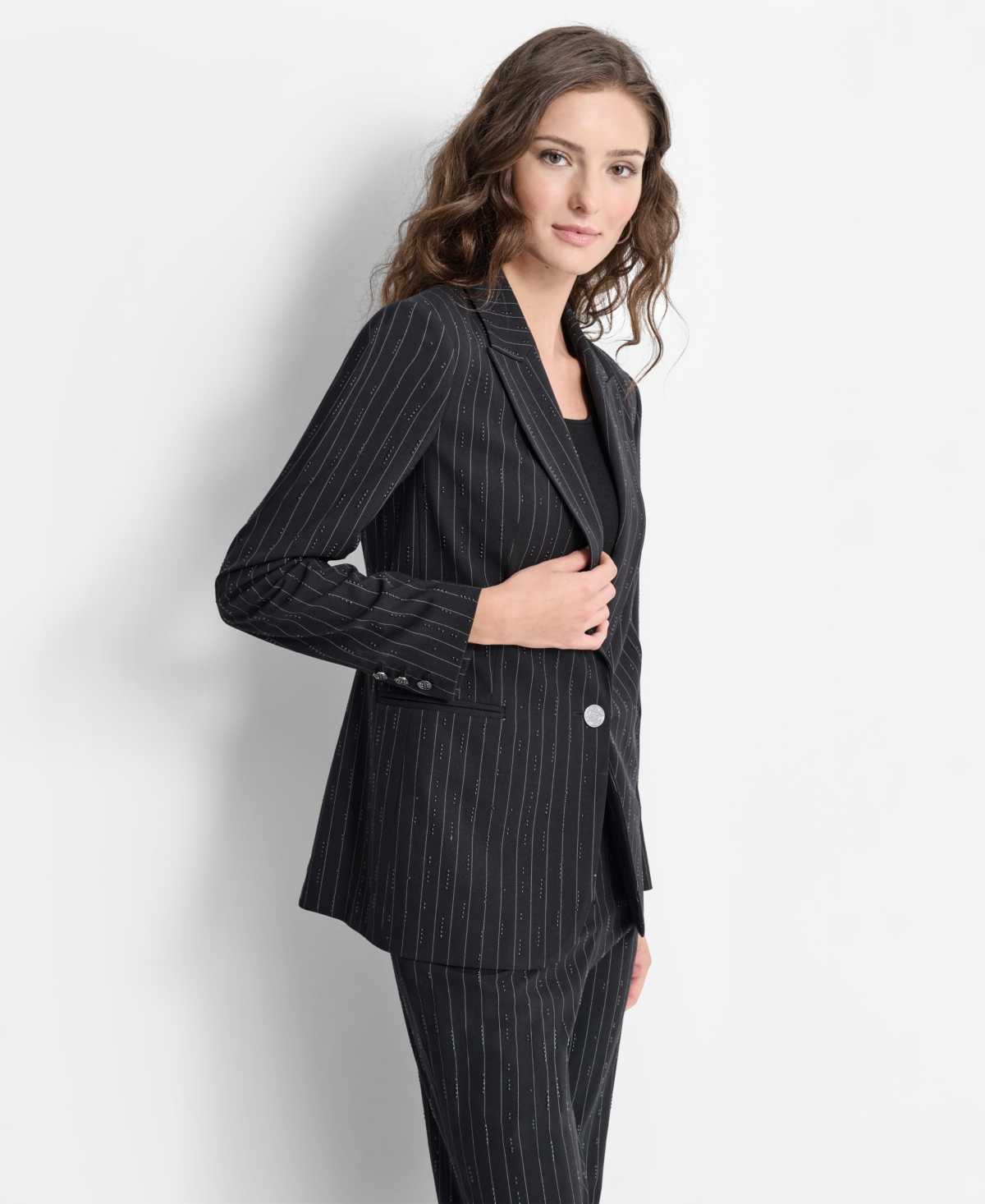 Dkny Women's Studded Pinstriped Single-Button Blazer -wht