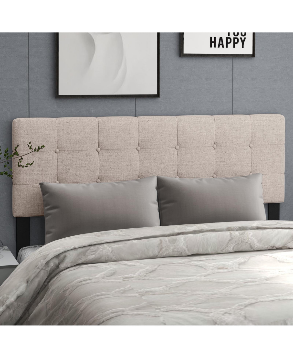 Linen Upholstered Headboard with Solid Rubber Wood Legs-Gray
