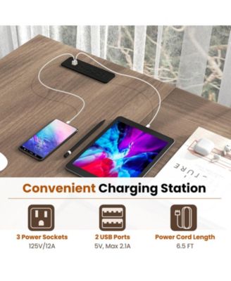 L-Shaped Computer Desk with Charging Station and Adjustable Shelf-Gray