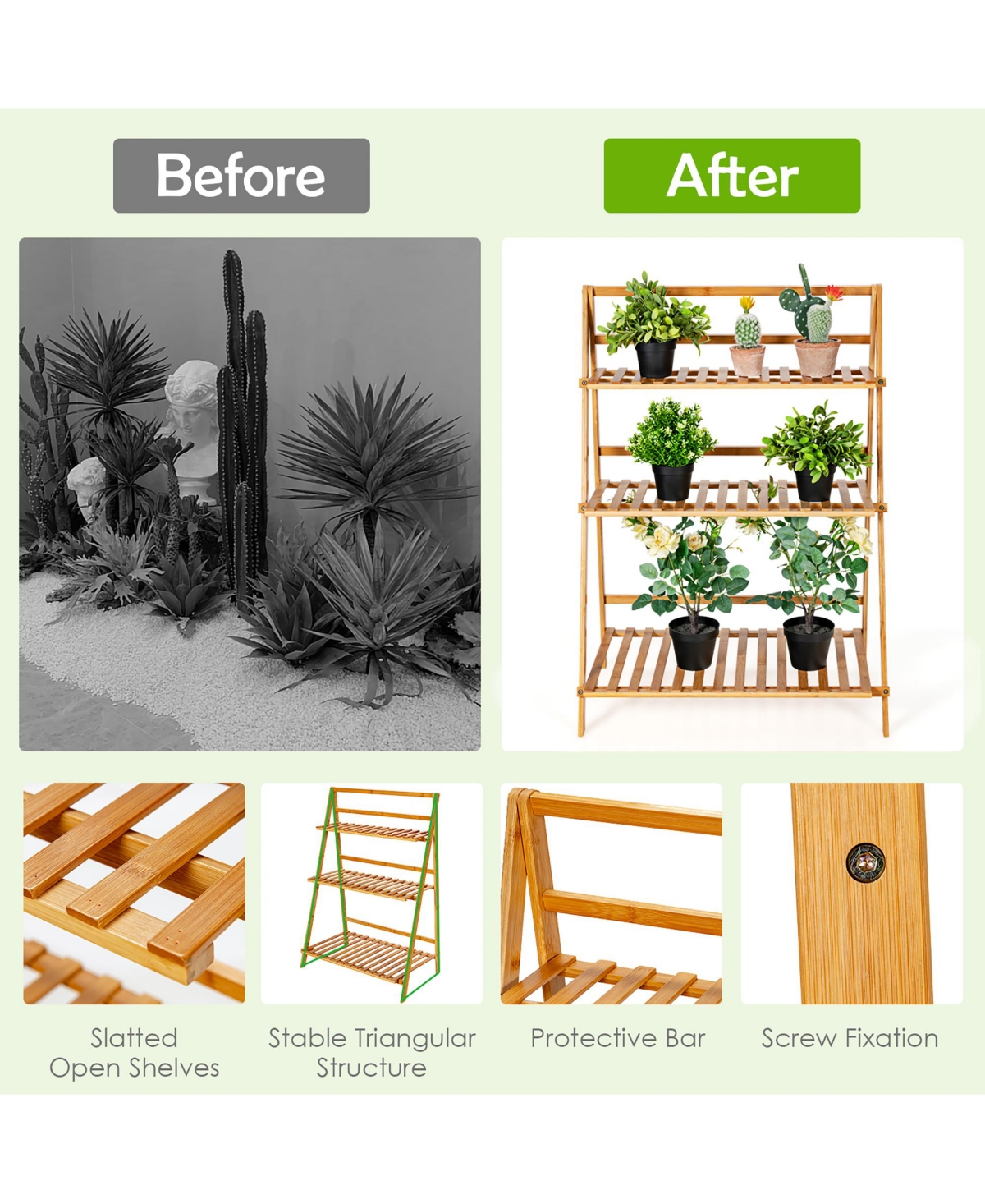 Costway 3 Tier Outdoor Bamboo Flower Pot Shelf Stand Folding Display Rack Garden Yard