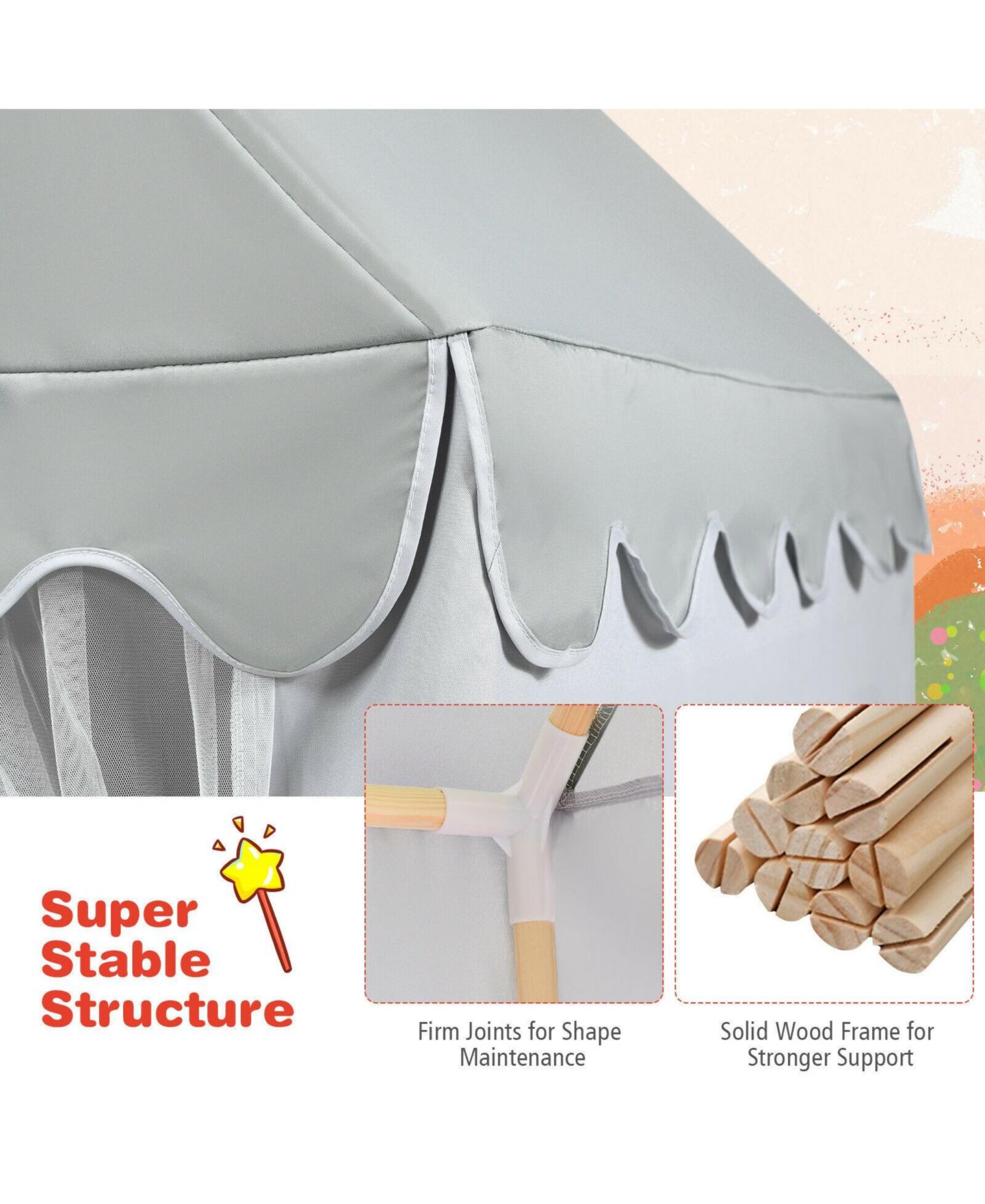 Детские игрушки VEBREDA Fairy Castle Solid Wood Frame Play Tent, 2-Piece Set, Ages 3+, цвет: Серый — фото 5