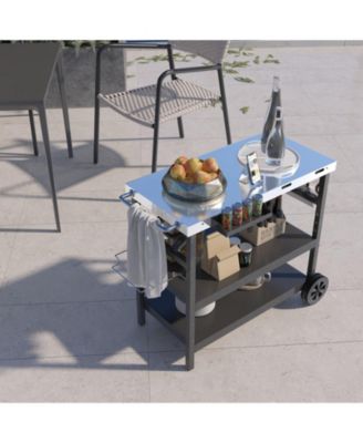 3 Tiers Foldable Outdoor Cart on 2 Wheels with Phone Holder-Black