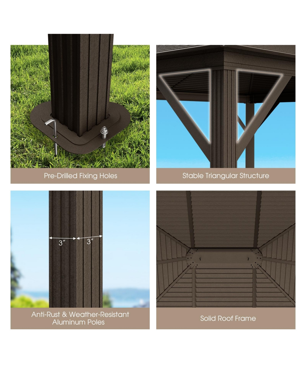 Sugift 12 x10 Feet Outdoor Hardtop Gazebo with Galvanized Steel Top and Netting-Brown