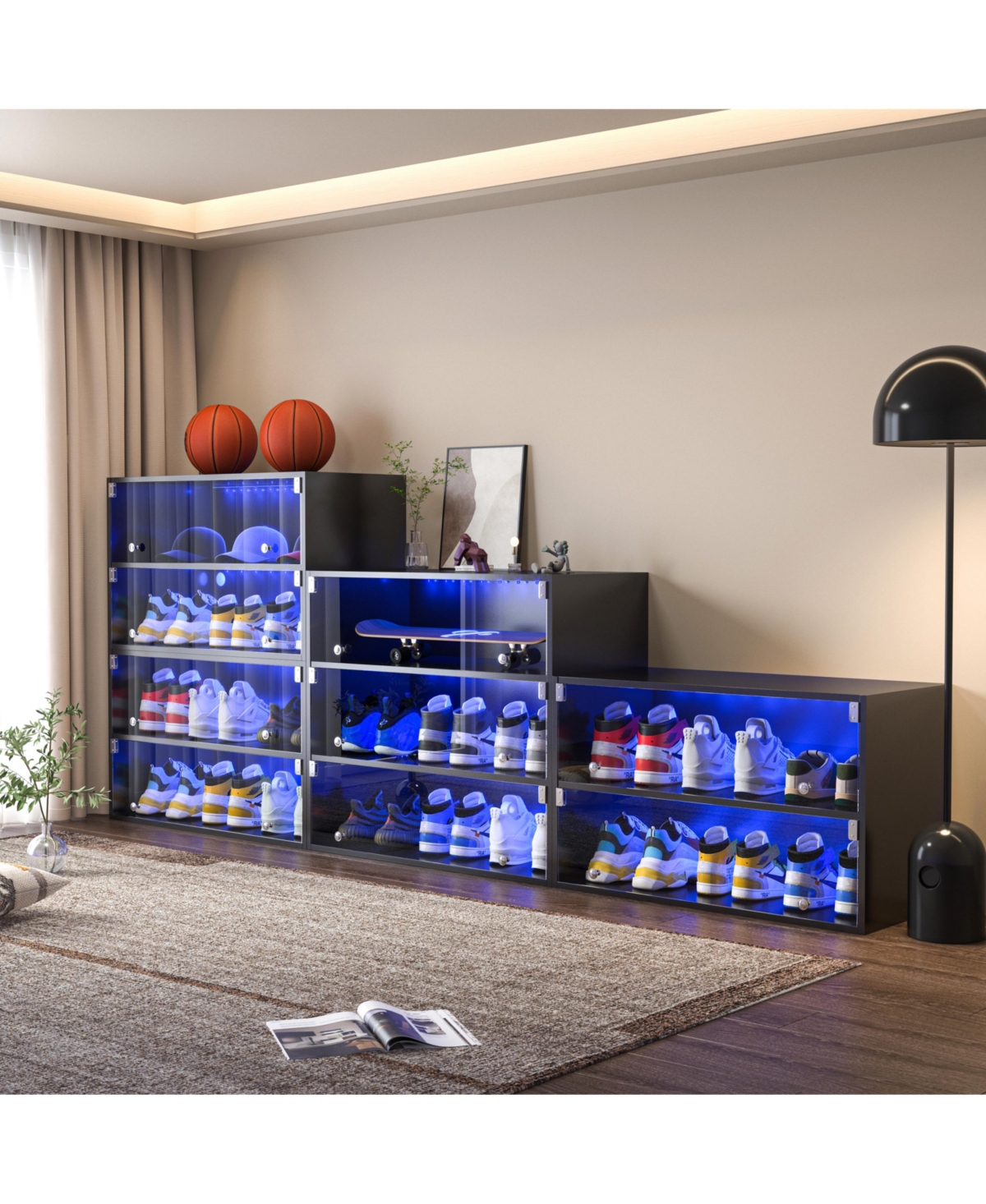 Streamdale FurnitureGlass Door Shoe Box Shoe Storage Cabinet For Sneakers With Rgb Led Light - Black