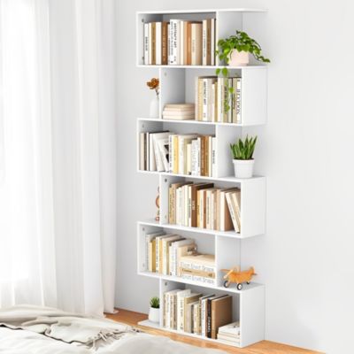 74.8" MDF Wood 6-Tier S-Shaped Bookshelf Freestanding Bookcase Storage Organizer for Living Room & Office