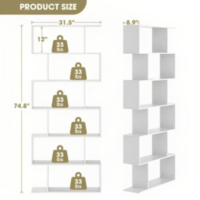 74.8" MDF Wood 6-Tier S-Shaped Bookshelf Freestanding Bookcase Storage Organizer for Living Room & Office