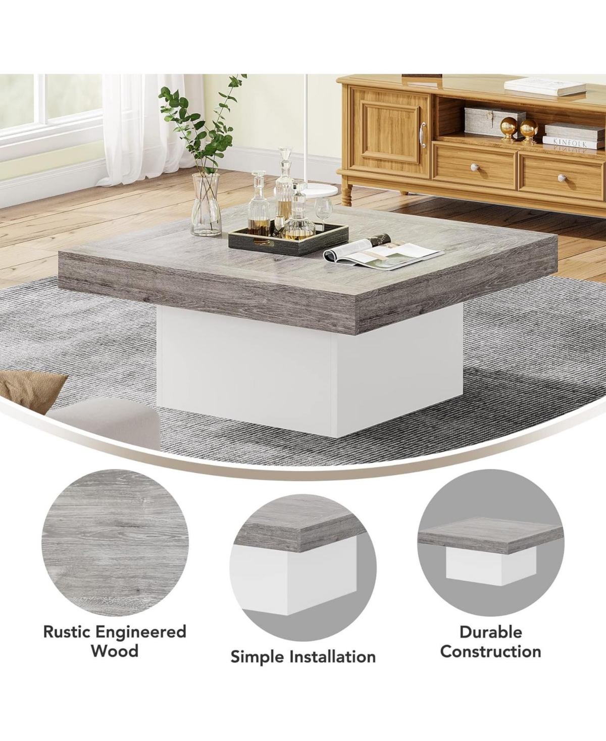 Tribesigns Coffee Table Square Led Coffee Table Engineered Wood Low Coffee Table for Living Room - Grey and white