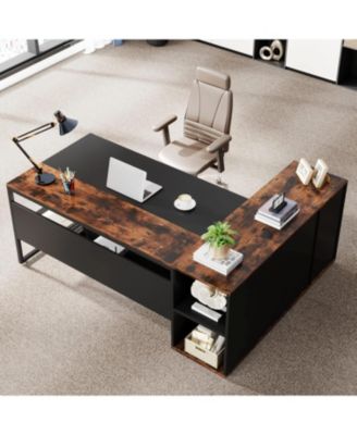 71 inch Executive Desk, L Shaped Desk with Cabinet Storage, Executive Office Desk with Shelves for Home Office