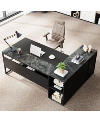 71 inch Executive Desk, L Shaped Desk with Cabinet Storage, Executive Office Desk with Shelves for Home Office