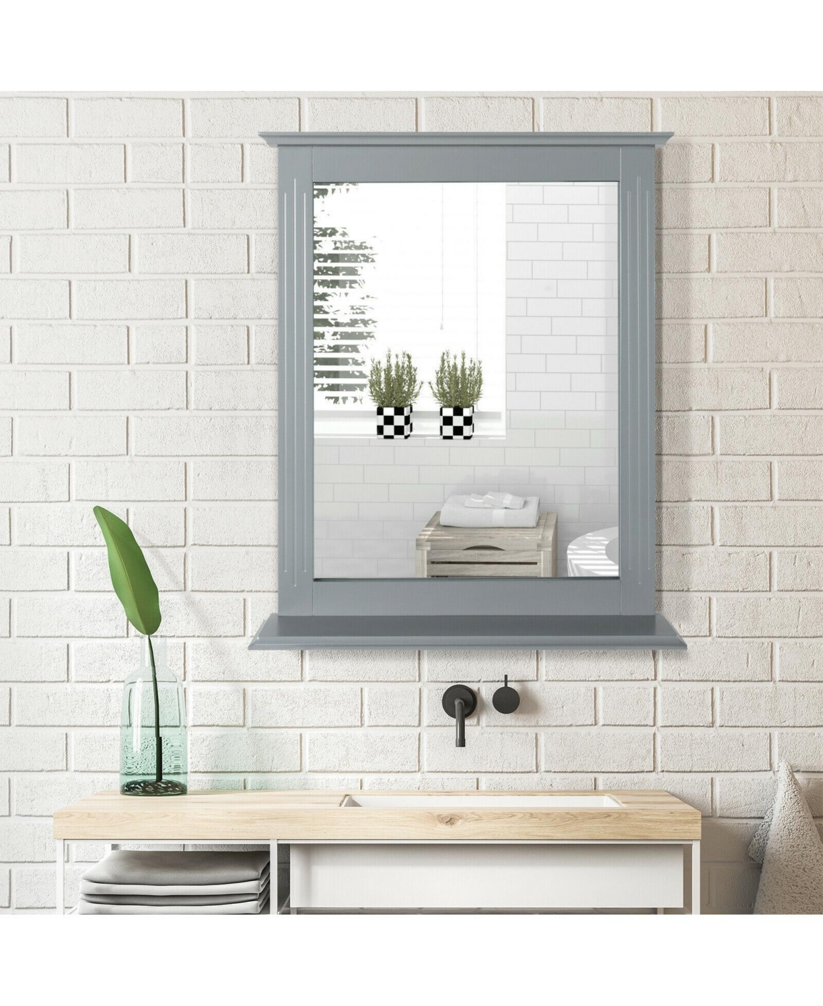 Wall-Mounted Multipurpose Vanity Mirror with Shelf-Gray