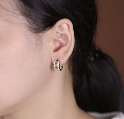 Two Tone Greek Key Cutout Huggie Hoop Earrings Cubic Zirconia CZ Gold Plated Sterling Silver