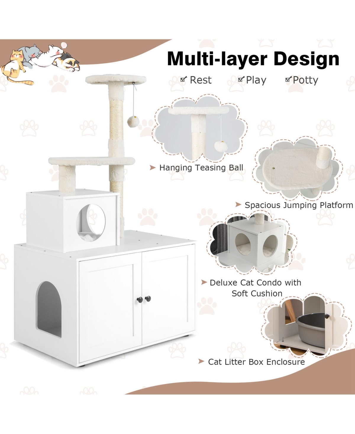 Costway 2-in-1 Wooden Litter Box Enclosure with Cat Tree Hidden Washroom Furniture