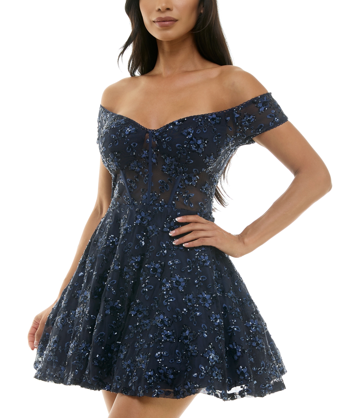 B Darlin Juniors Womens Sequined Polyester Mini Dress In Navy,navy