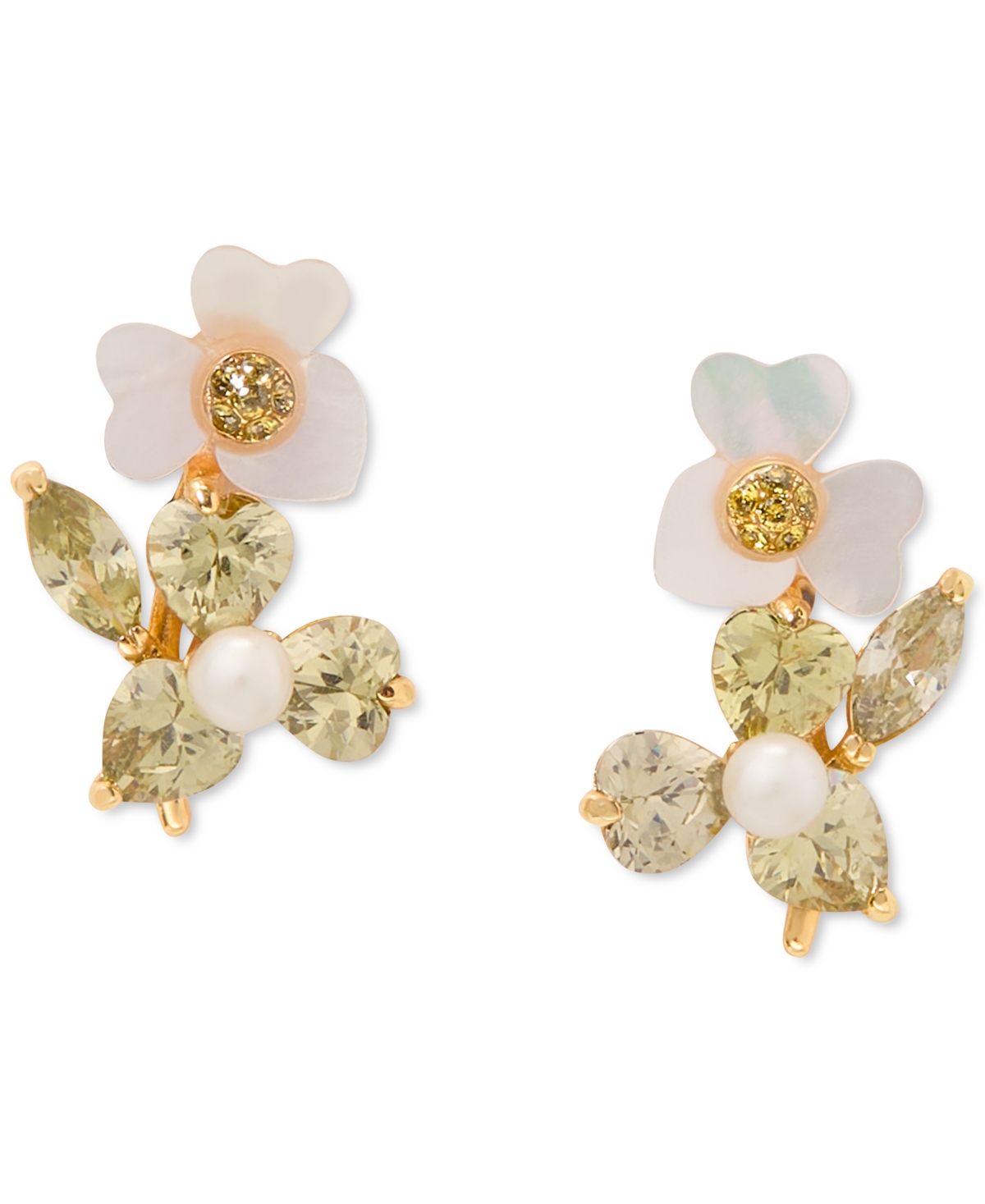 Silver-Tone Cubic Zirconia, Imitation Pearl & Mother-of-Pearl Flower Stud Earrings - Green.
