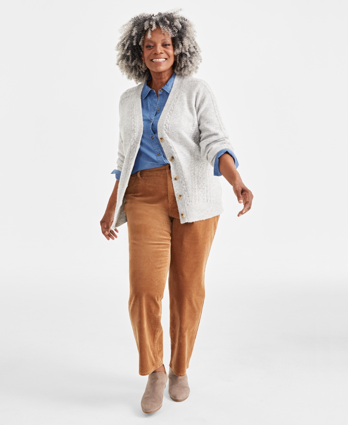 Style & Co Plus Size Shimmer Sequin Cable-knit Cardigan, Created For Macy's In Earl Grey Heather