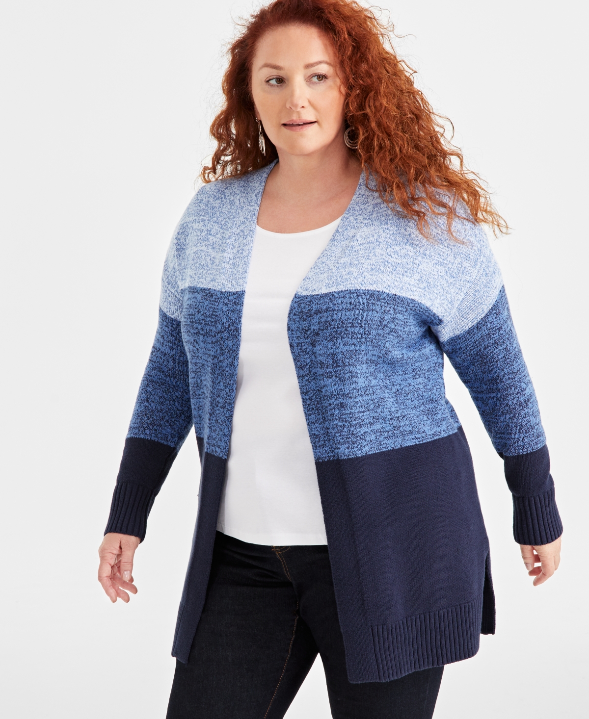Style & Co Plus Size Turbo Moonlit Colorblocked Open-Front Cardigan, Created for Macy's