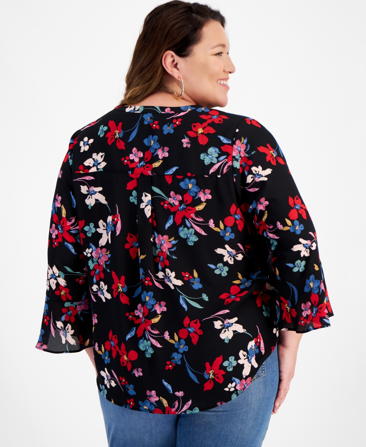 Style & Co Plus Size Printed V-Neck Pintuck 3/4-Sleeve Top, Created for Macy's