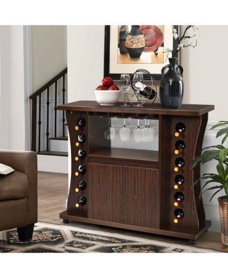 Rolling Buffet Sideboard Wooden Bar Storage Cabinet w/ Wine Rack & Glass Holder