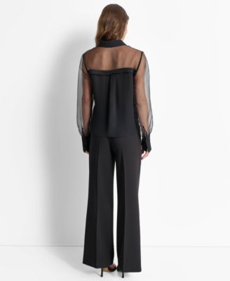 Women's Mixed-Media Organza Long-Sleeve Blouse