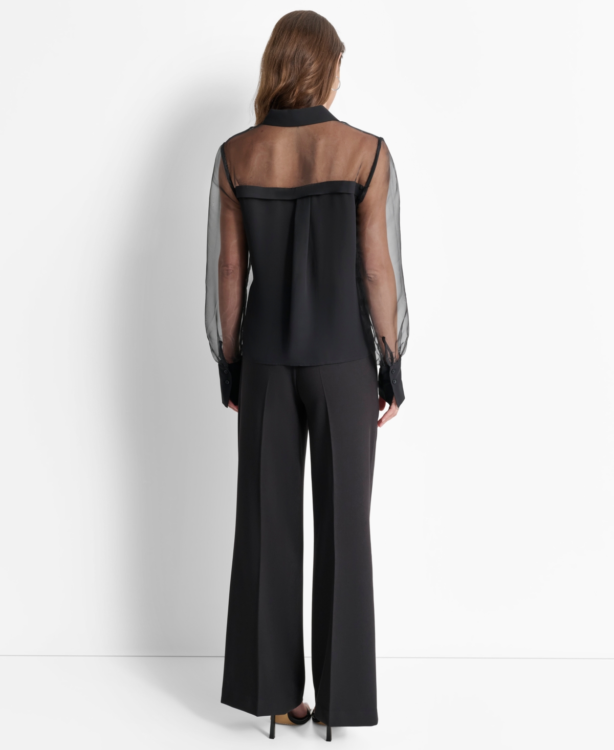Dkny Women's Mixed-media Organza Long-sleeve Blouse In Black