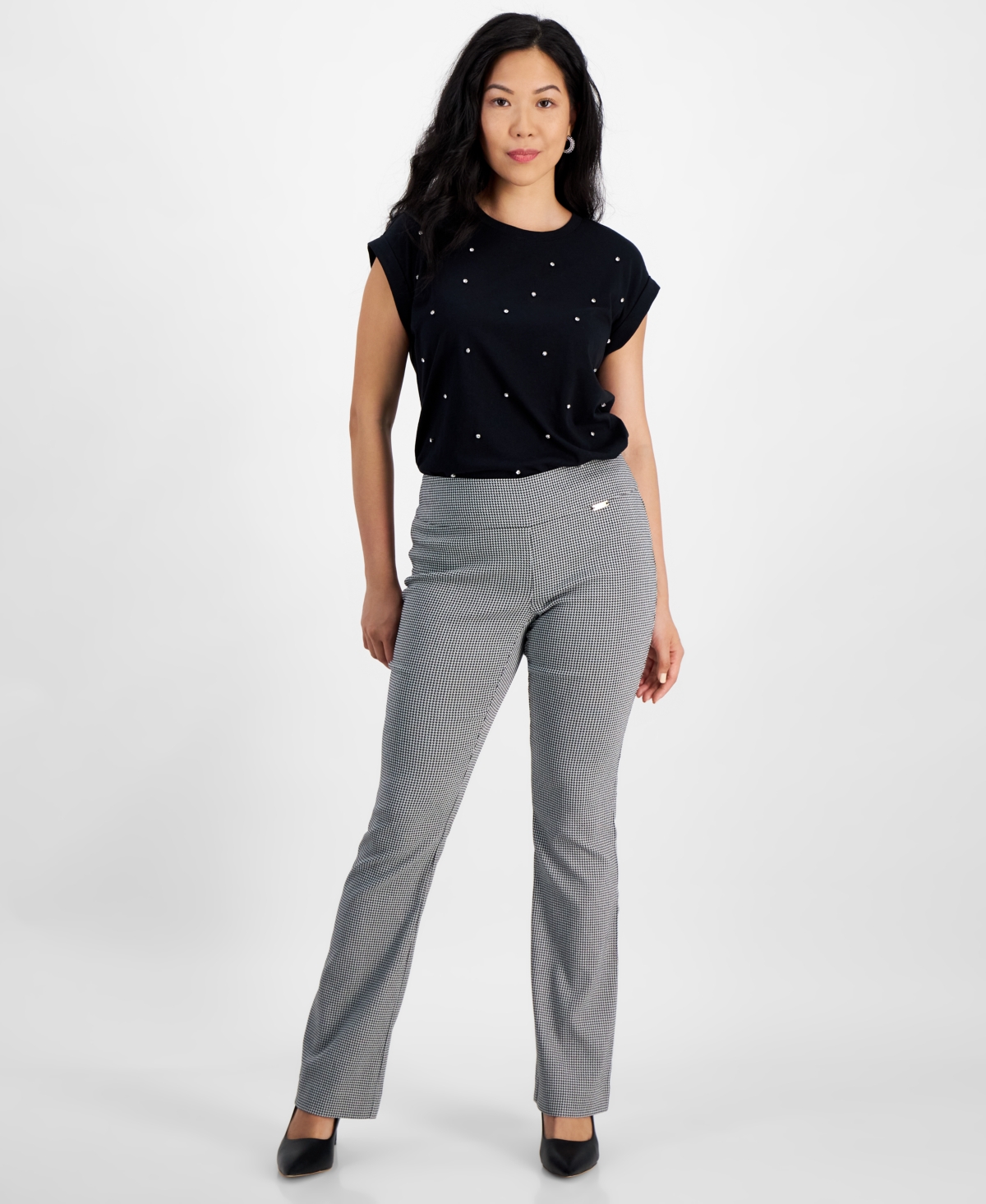 Inc International Concepts Petite Houndstooth Bootcut Pull-on Pants, Created For Macy's In Herringbone Jacquard