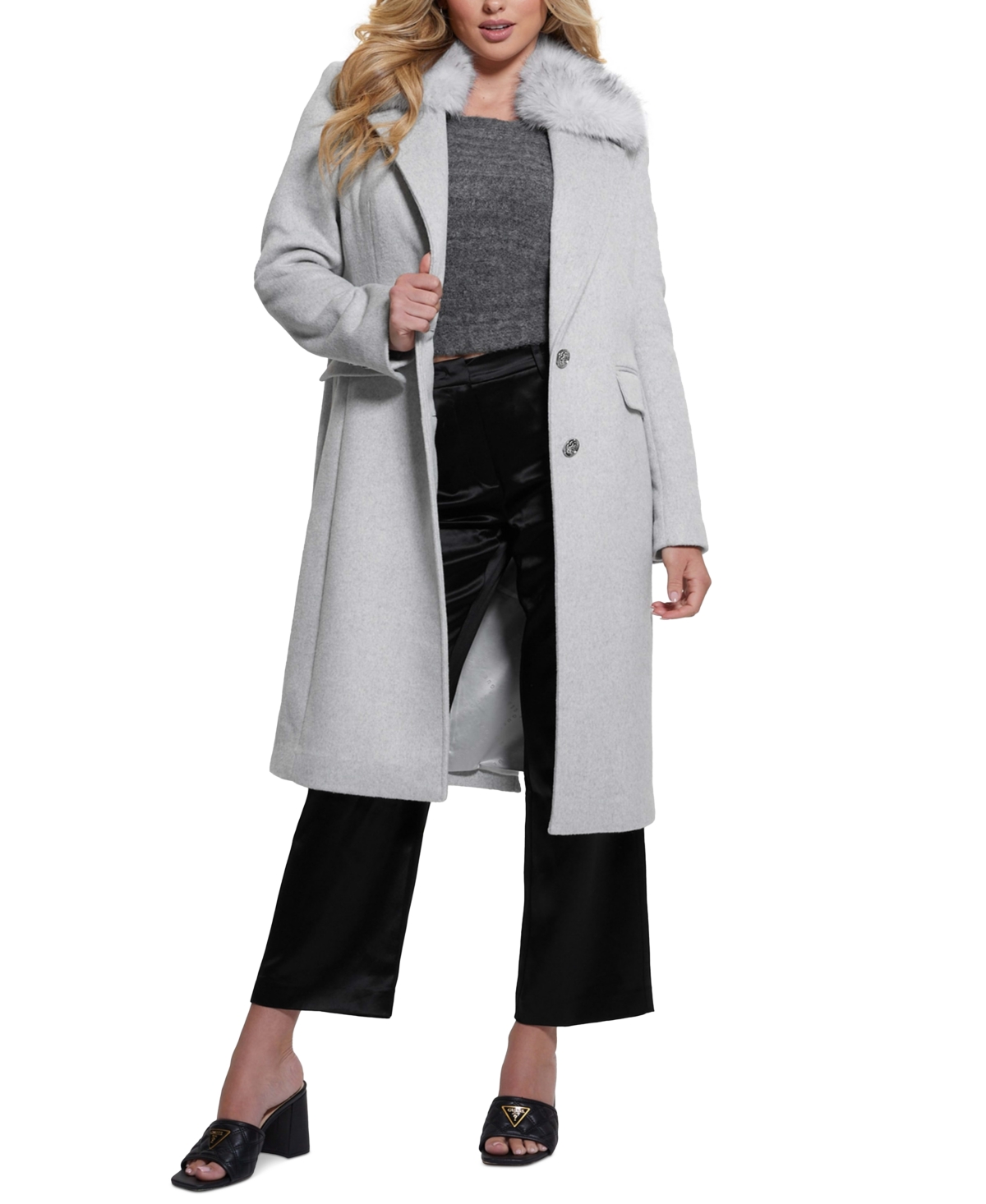 Shop Guess Women's Nancy Faux-fur-collar Long Coat In Grey