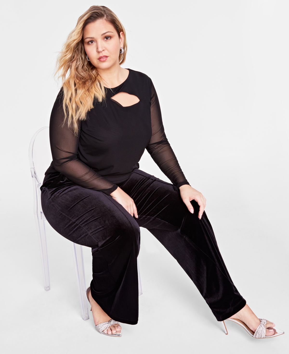 I.n.c. International Concepts Plus Size Mesh Cutout Long-Sleeve Top, Created for Macy's