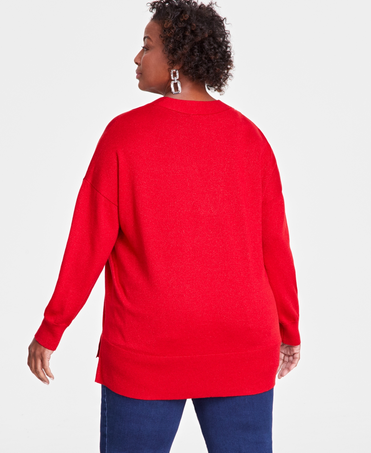 INC INTERNATIONAL CONCEPTS PLUS SIZE METALLIC-KNIT V-NECK SWEATER, CREATED FOR MACY'S 