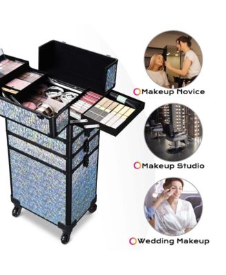 Mermaid Silver 4in1 Rolling Makeup Train Case Cosmetic Organizer Wheel