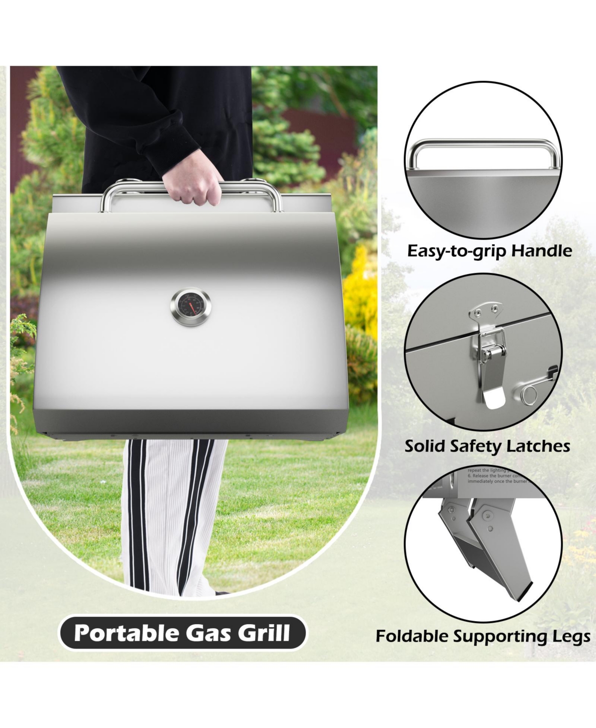Givimo Stainless Steel Propane Grill with Lid for Outdoor Camping Tailgating Picnic Party- Silver