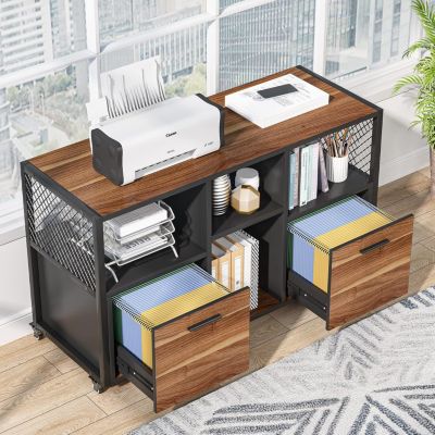 2-Drawer Wood File Cabinet with Open Shelves, Mobile Lateral Printer Stand for Letter/A4 Size Home Office