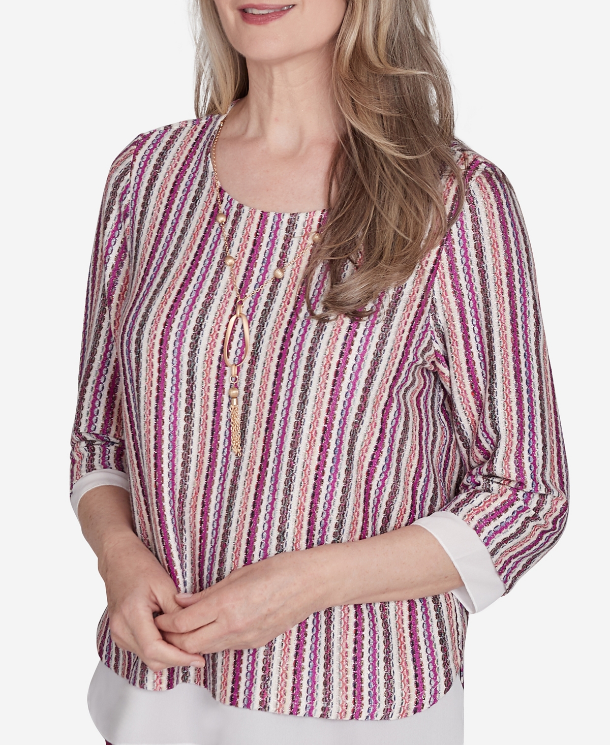Alfred Dunner Petite Wine Country Metallic Stripe Necklace Top