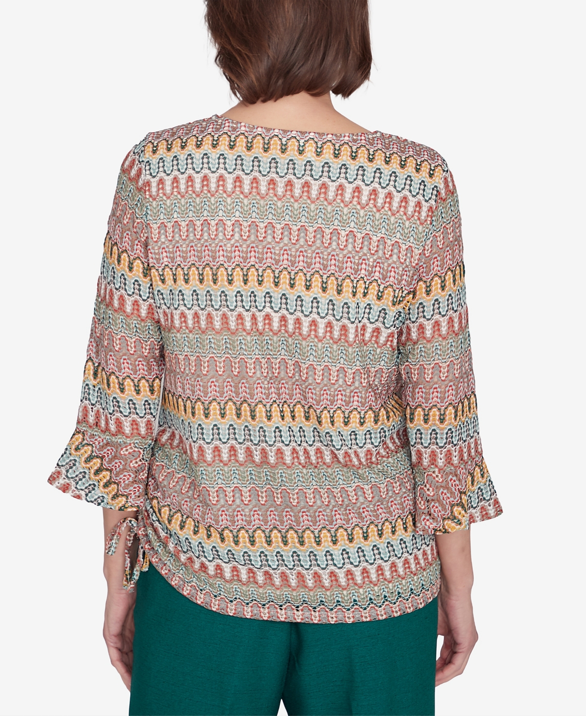 Alfred Dunner Petite Emerald Isle Spliced Texture Top With A Drawstring Hemline In Mugreen