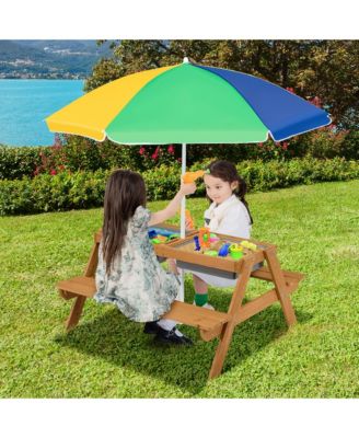 3-in-1 Kids Picnic Table Wooden Outdoor Sand & Water Table w/Umbrella Play Box es