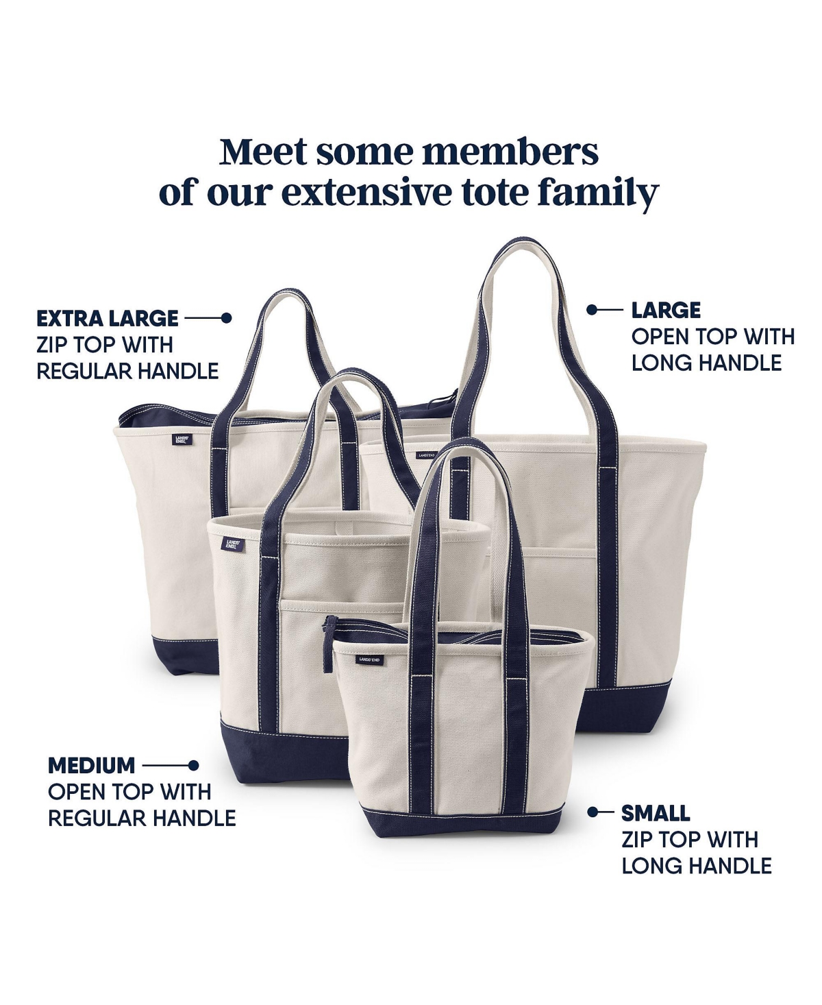 Lands' End Solid Color 5 Pocket Zip Top Long Handle Canvas Tote Bag