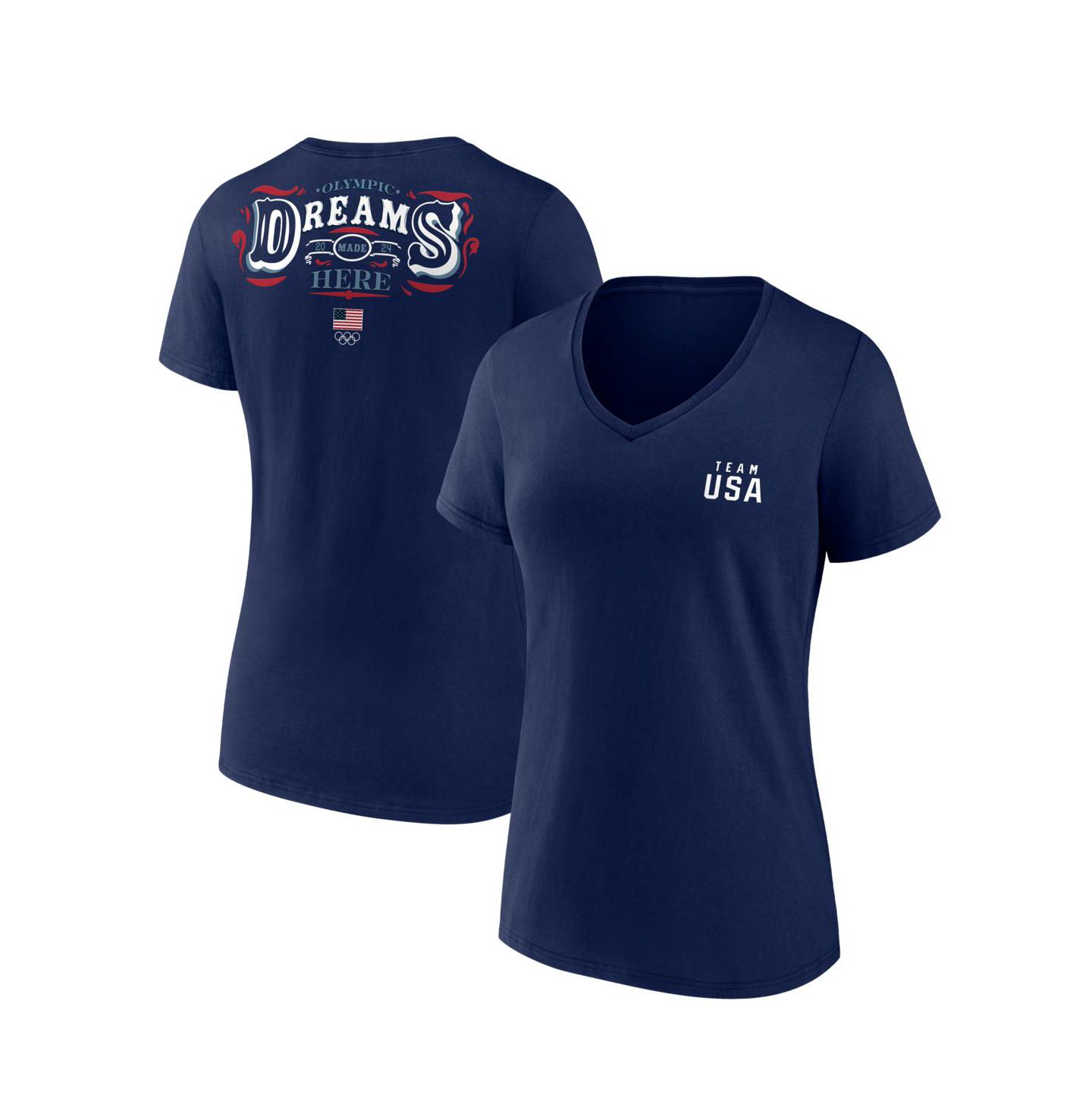 Женская футболка Fanatics Navy Team USA Paris 2024 Summer Olympics Dreams Are Made Here V-Neck — фото 1