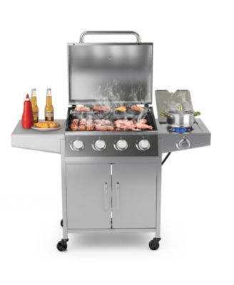 50000BTU 5-Burner Propane Gas Grill with Side Burner and 2 Prep Tables-Silver