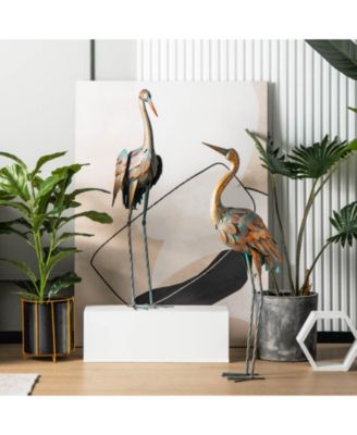 Set of 2 Crane Garden Statues Standing Metal Crane Sculptures Bird