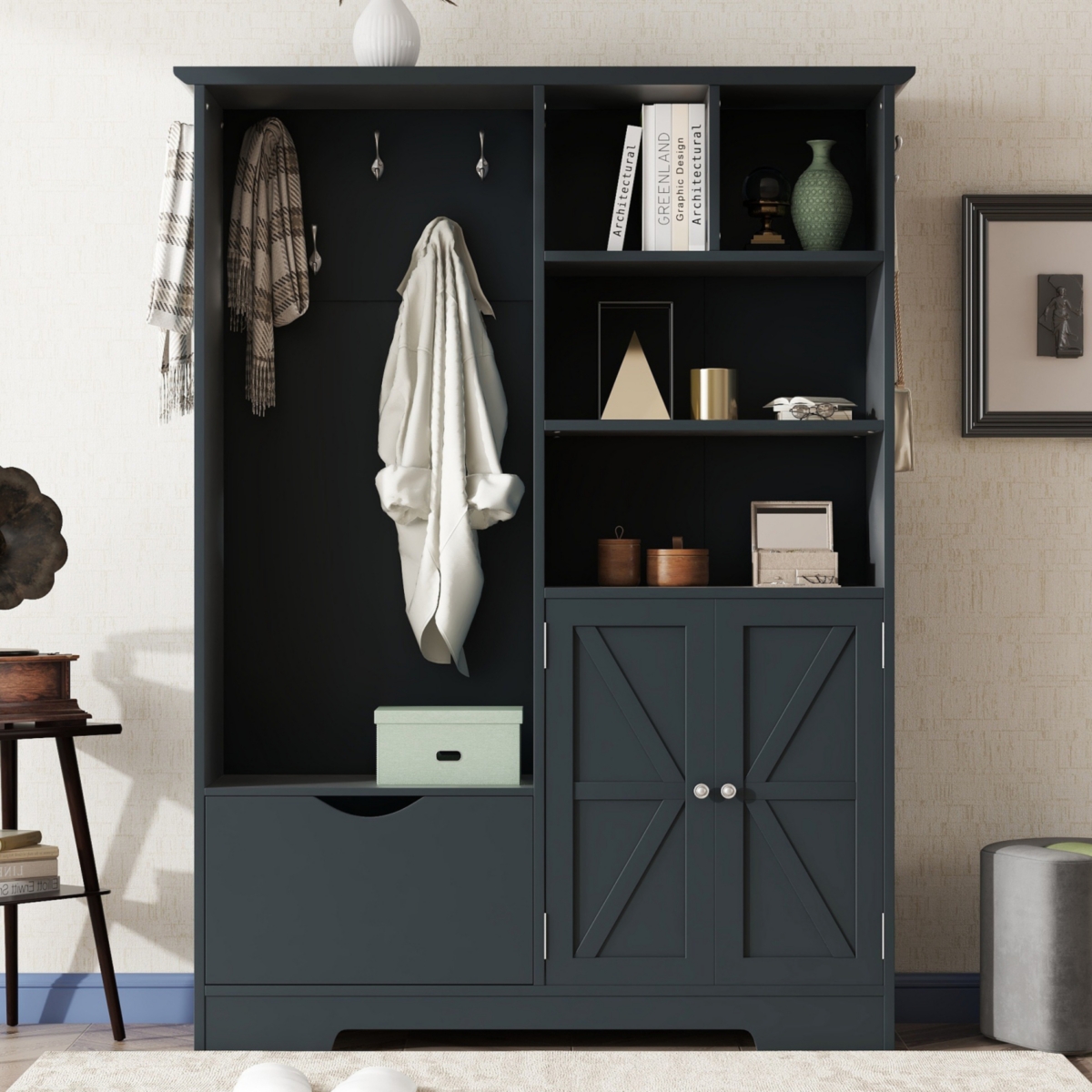 Elegant Hall Tree: Shoe Cabinet, Bench, Coat Rack - Antique blue