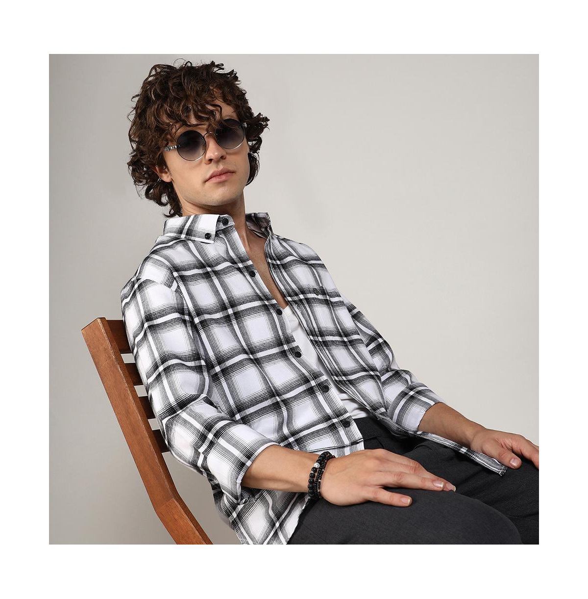 Campus Sutra Men's Chalk& Midnight Black Brushed Buffalo Check Shirt - White
