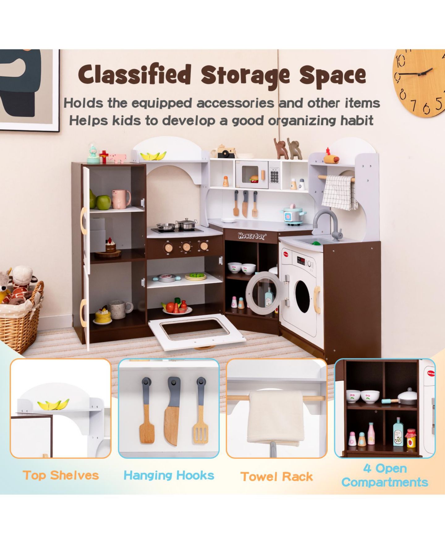Детские игрушки Costway Wooden 16-Piece Corner Play Kitchen with Ice Maker and Microwave, Ages 3+, цвет: Коричневый — фото 9