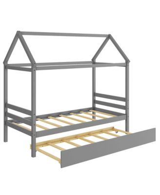 Twin House Bed Frame w/ Trundle Roof Wooden Platform Mattress Foundation White